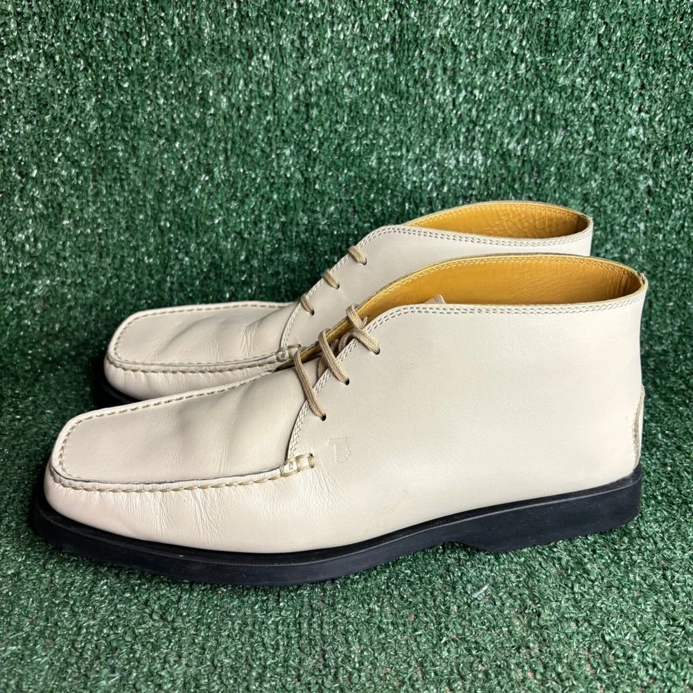 Tods Leather Lace Up Ankle Chukka Square Toe Luxury Desert Boot Cream Mens 9.5